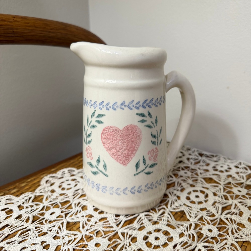 Vintage Stoneware Pitcher Pink Heart Roses Country Cottage White Ceramic